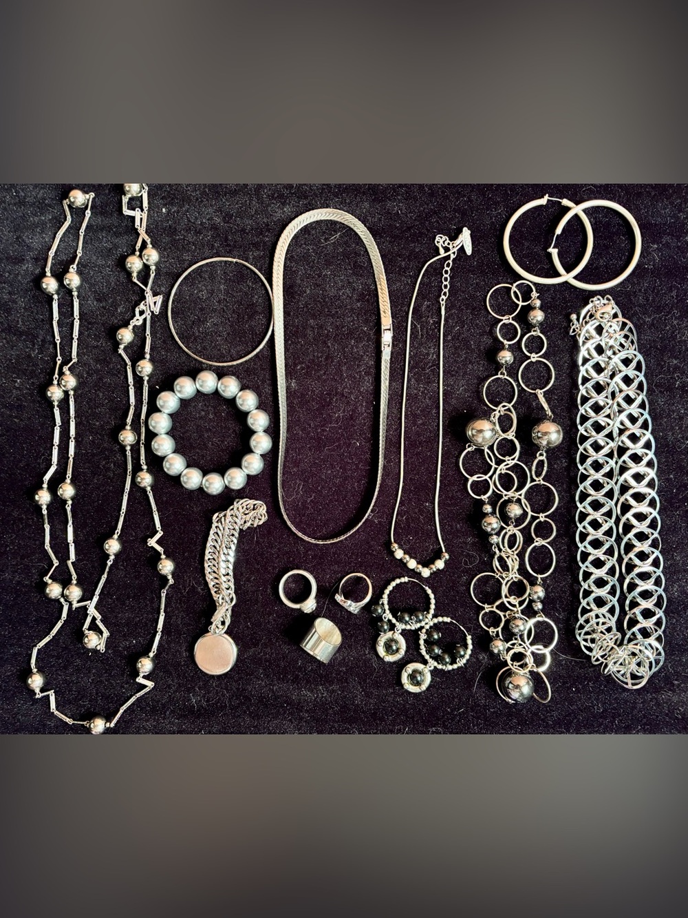 Silver Tone Jewelry Lot โ Necklaces Bracelets Rings Earring